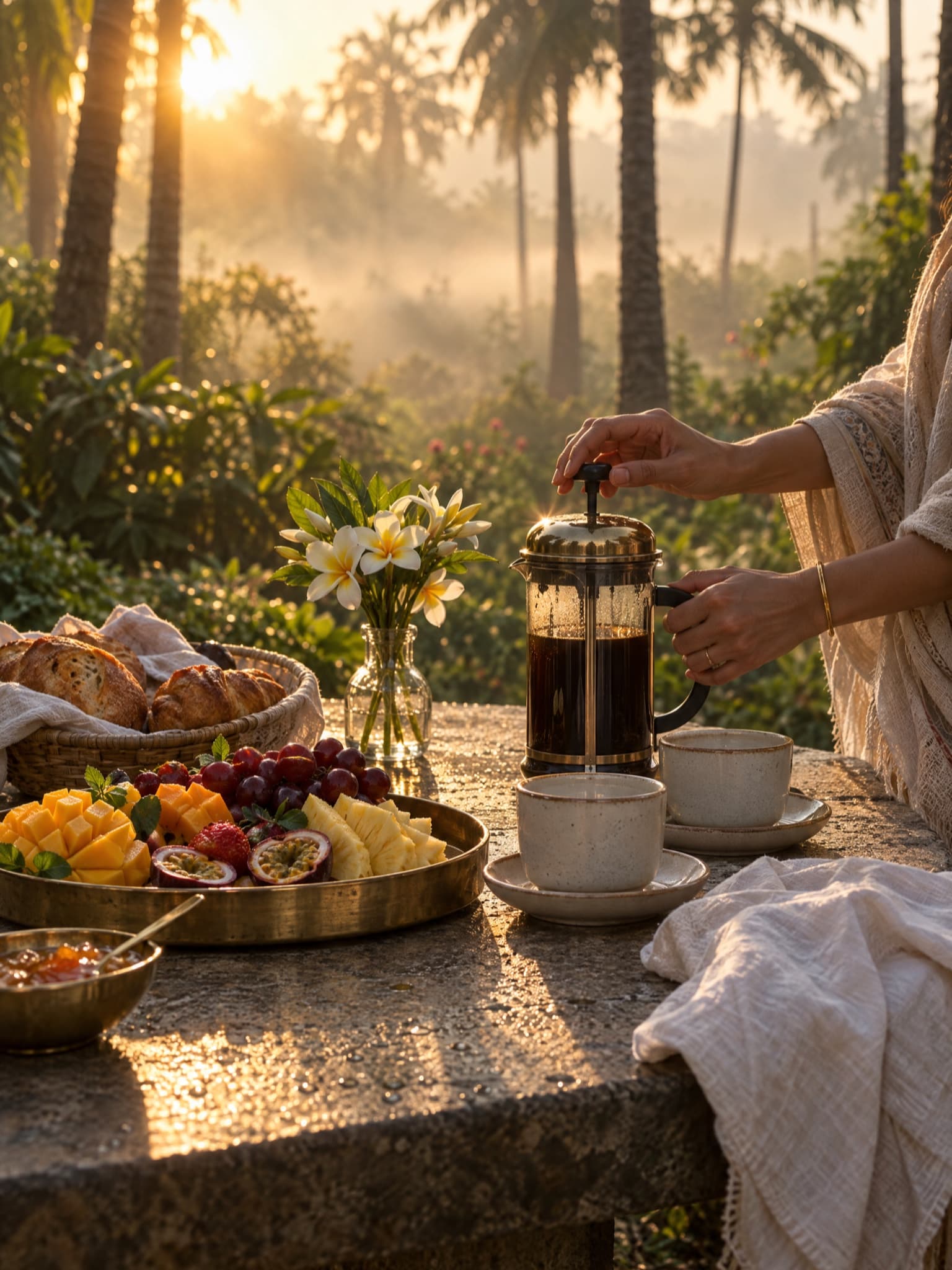Breakfast in the garden before the mist lifts