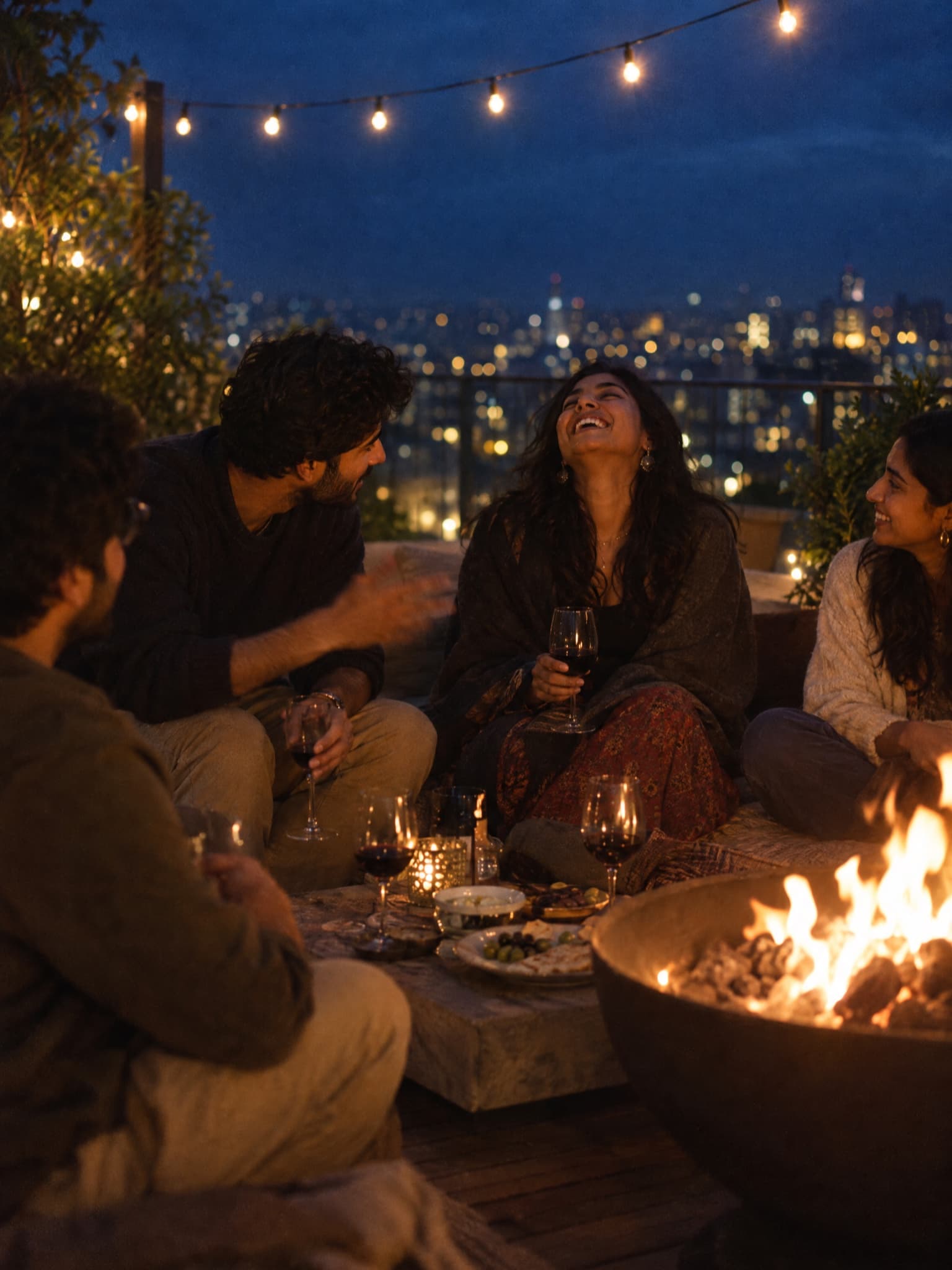 Around the fire on the roof terrace